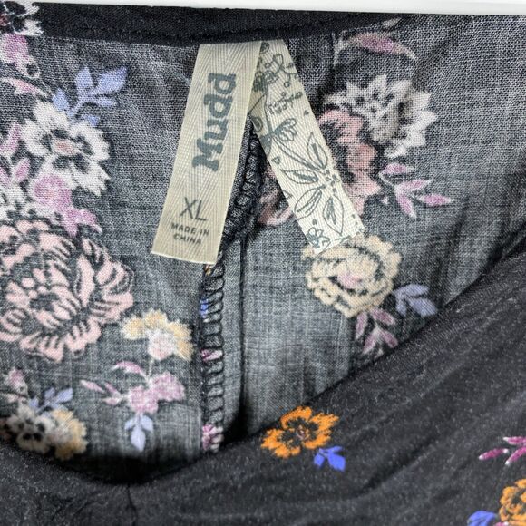 Mudd Womens Sz XL Black Floral Tie Front Cold Shoulder Short Sleeve V-Neck Top - Picture 6 of 9